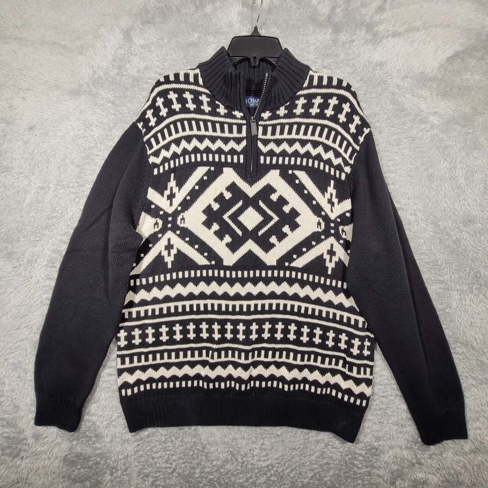 Chaps Mens Fair Isle‎ Quarter Zip Sweater Navy Cream Cotton XL